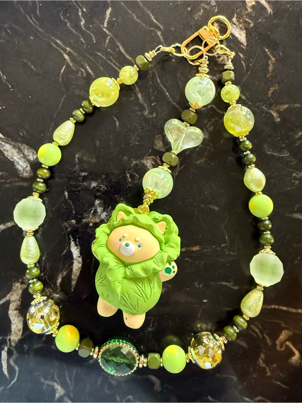 Green Bear Charm Statement Keychain / rear view car hanger
